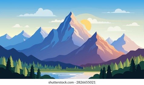 Mountain range reflecting in lake in forest valley sunrise.