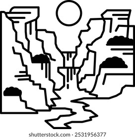 A mountain range with a river flowing through it and a sun in the sky