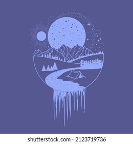 A mountain range, a river flows into a waterfall. Infinite outer space in very peri color. Endless outer space with stars and planets. A symbol of meditation, adventure, mountain tourism.