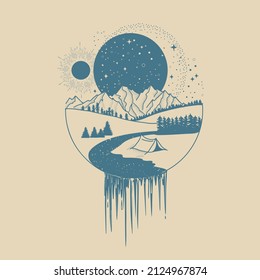 A mountain range, a river flows into a waterfall. Infinite outer space. Endless outer space with stars and planets. A symbol of meditation, adventure, mountain tourism.