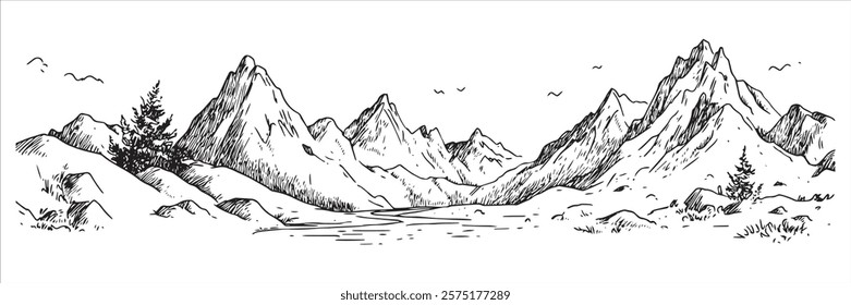 mountain range with river and trees in monochrome hand-drawn style