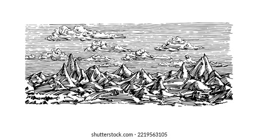 Mountain range. Sharp peaks. Vector illustration in black ink, isolated on a white background in the style of an engraving.	