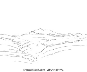 A mountain range is shown in a black and white drawing. The mountains are in the background and the foreground is a plain of land