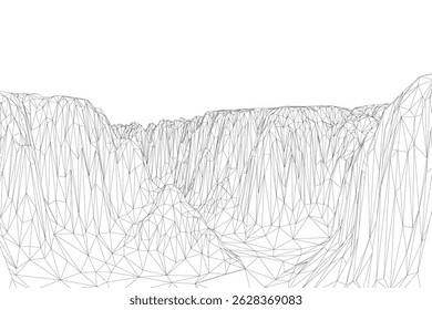 Uma cordilheira é mostrada em preto e branco. A imagem é um desenho de uma cordilheira com muitos detalhes. A cordilheira é muito alta. O céu está limpo
