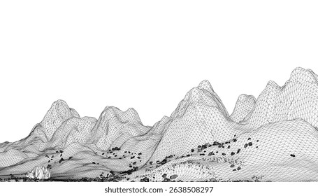 A mountain range is shown in black and white. The mountains are very tall and the sky is clear. The mountains are very rocky and the trees are sparse