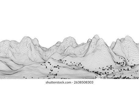 A mountain range is shown in black and white. The mountains are very large and are spread out across the image. The mountains are covered in snow and appear to be very rocky. Scene is one of awe