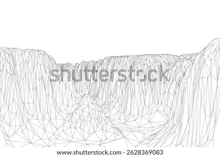 A mountain range is shown in black and white. The image is a drawing of a mountain range with a lot of detail. The mountain range is very tall. The sky is clear