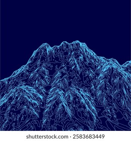 A mountain range is shown in blue with a dark blue sky in the background. The mountains are shown in a stylized, cartoonish way, giving the impression of a futuristic landscape. Scene is one of wonder