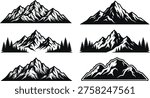 Mountain range silhouette collection, outdoor peak landscape vectors, forest pine tree nature design elements, monochrome adventure hiking travel illustrations.
