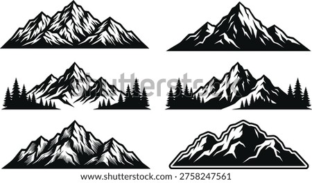 Mountain range silhouette collection, outdoor peak landscape vectors, forest pine tree nature design elements, monochrome adventure hiking travel illustrations.