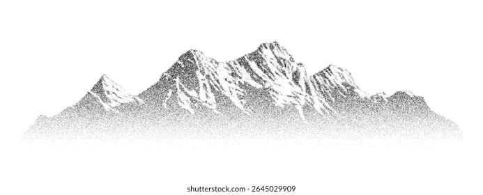 Mountain range silhouette created with a stipple dot and halftone texture. Black and white nature landscape vector illustration.