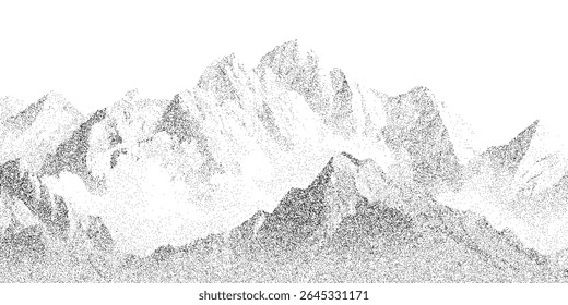 Silueta de la cordillera en Arte vectorial punteado. Naturaleza con pico texturizado para aventuras al aire libre, concepto de senderismo.