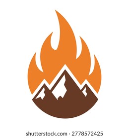 Mountain range silhouette with flame orange fire on white background symbolizing danger