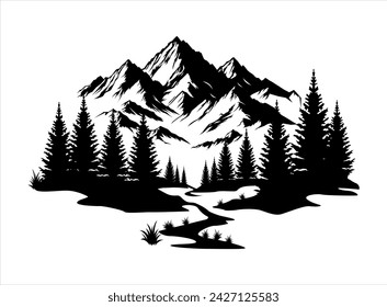 mountain range silhouette isolated vector illustration with pine trees around.landscape silhouette suitable for outdoor design elements