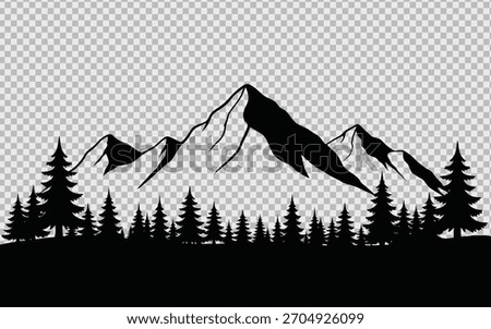Mountain range silhouette with pine trees on transparent background for design projects