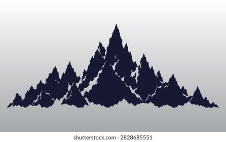 Mountain range silhouette vector illustration with sharp dark rocky peaks, rugged alpine ridge, and light grey gradient background, suitable for outdoor adventure and travel design.