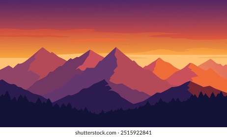 Cordillera silueteada contra un vibrante atardecer lleno de tonos de Ilustración vectorial plana naranja, rosa y púrpura