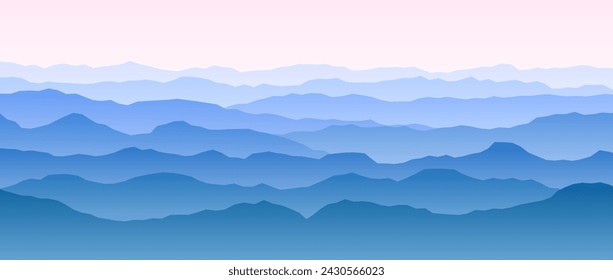 Mountain range silhouettes in morning. Panoramic landscape view. Mountain ridges and hills background. Blue pink mount peaks with mist and fog. Vector sunset or sunrise scenery terrain illustration