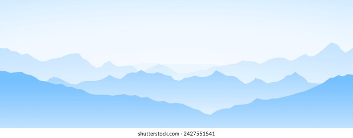 Mountain range silhouettes on sunset or sunrise. Morning panoramic landscape view. Mountain ridges and hills background. Blue gradient mount peaks with mist, fog. Vector scenery terrain illustration 