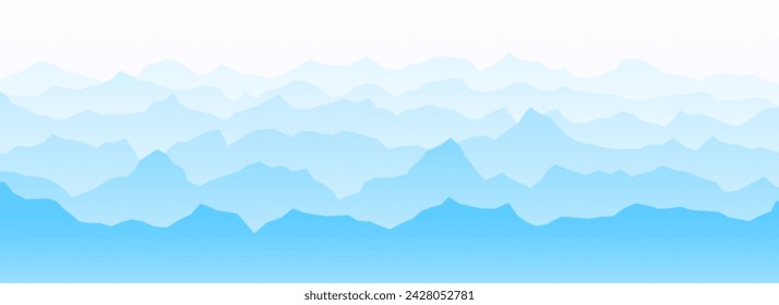 Mountain range silhouettes on sunset or sunrise. Pink morning panoramic landscape view. Mountain ridges background. Blue mount peaks and hills with mist or fog. Vector scenery terrain illustration 