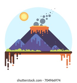 Mountain range with a smoking volcano. Flat Style Vector Illustration