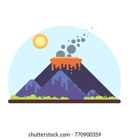 Mountain range with a smoking volcano. Flat Style Illustration