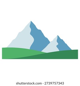 Mountain range with snow capped peaks and green grassy hills landscape illustration icon