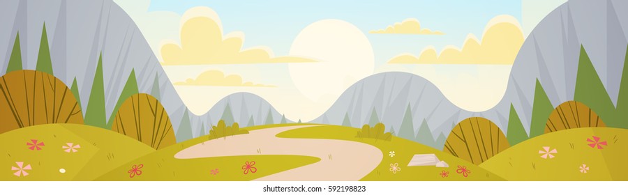 Mountain Range Spring Landscape Country Road Nature Background Flat Vector Illustration