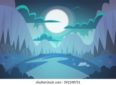 Mountain Range Spring Night Landscape Country Road Nature Background Flat Vector Illustration