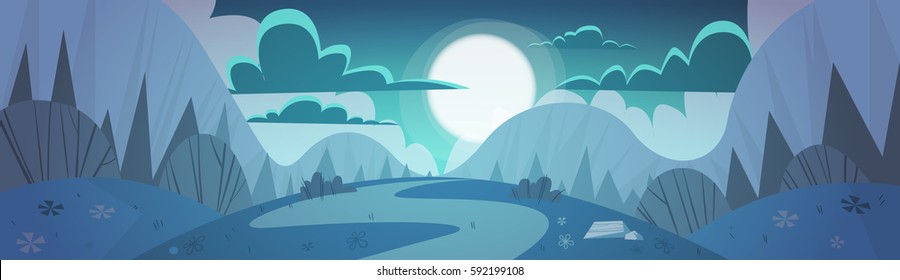 Mountain Range Spring Night Landscape Country Road Nature Background Flat Vector Illustration