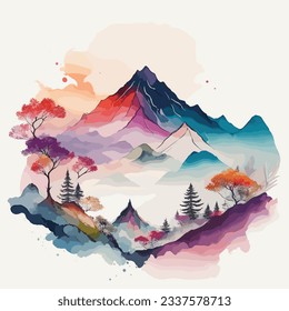 Mountain range in the style of traditional Chinese and Japanese line art, with a vibrant watercolor texture.