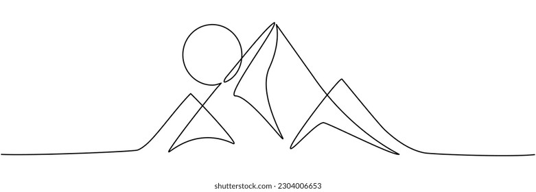 Mountain range with sun continuous one line drawn. Adventure mountains sunset linear concept. Vector illustration isolated on white.
