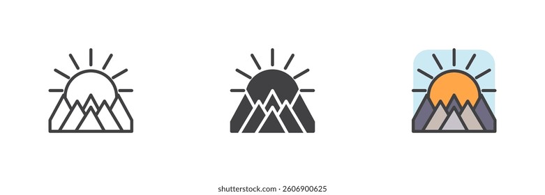 Mountain range with a sun rising different style icon set. Line, glyph and filled outline colorful version, outline and filled vector sign. Symbol, logo illustration. Vector graphics