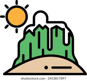 A mountain range with a sun shining on it. The sun is in the middle of the image and is the main focus. The mountains are green and the sky is blue