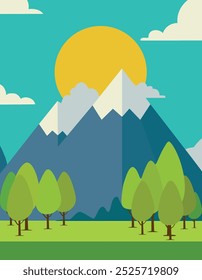 Una cordillera con un sol en el cielo. El sol es amarillo y está en medio del cielo. Las montañas están en el fondo y los árboles en primer plano. El cielo es azul