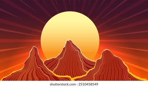 Mountain range sunset landscape. Highland peaks and glowing sun isolated vector illustration