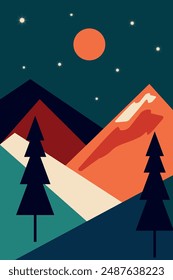 A mountain range with a tree on the left and a tree on the right