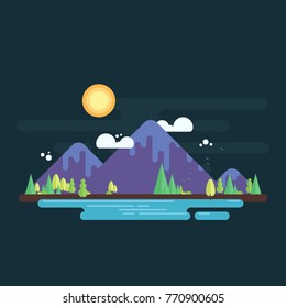 Mountain range with trees on horizon and lake on foreground. Simple flat design illustration