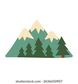 A mountain range with trees and a small tree in the foreground. The mountain range is green and the trees are green as well