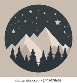 Mountain range in various shades with shadows and highlights, accompanied by nature-themed pines under a starry night, all composed within a circle