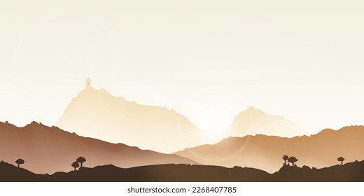 Mountain range vector abstract background. Landscape rocks sunrise orange panorama. Sunset with fog in mountains natural wallpaper. Vector illustration.