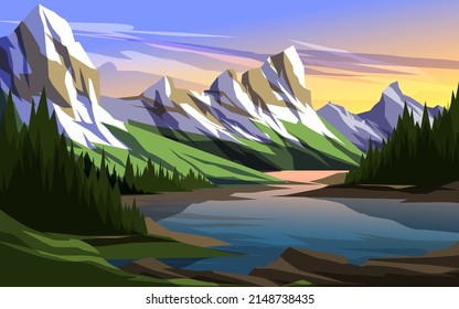Mountain Range Vector Flat Landscape With Lake And Forest