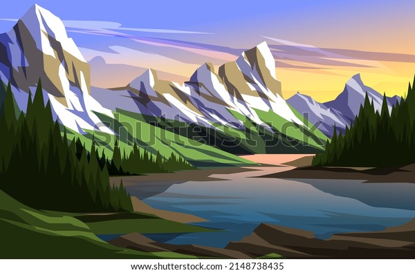 Mountain range vector flat landscape with lake and forest. Digital mural. 