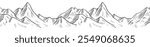 Mountain Range vector seamless Border. Linear Illustration in Black and White Ink of hills for travel banner. Pattern of rocks painted in line art style. Drawing of relief landscape with peak.