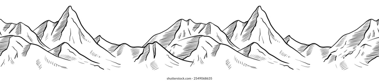 Mountain Range vetor sem emenda Borda. Ilustração Linear em Tinta Preta e Branca de colinas para faixa de viagem. Padrão de pedras pintadas em estilo de arte de linha. Desenho da paisagem de relevo com pico.