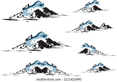 Mountain Range with white bear Sketch collection. Mountain landscape for posters and wallpaper, labels, fabric products, web icons, hiking, textiles, logos, rest or travel, creative compositions, etc.