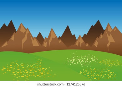 Mountain range wide green meadow with flowers vector illustration EPS10