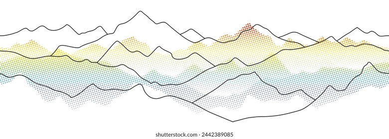 Mountain ranges, curved lines and fading dot, rainbow colors, seamless border, vector background, minimalism
