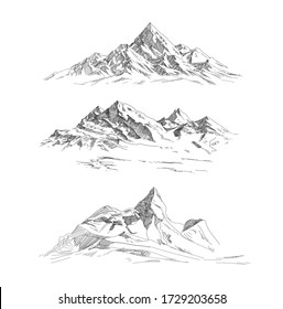 Mountain ranges in engraving style. Panorama vector.