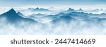 Mountain ranges in the fog, panoramic view, vector illustration